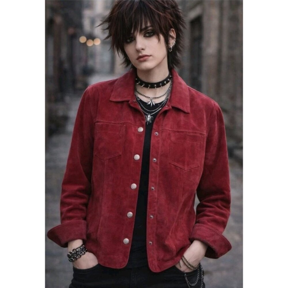 Live A Little Womens Suede Jacket Streetwear Casual Snap Front Size Medium Red